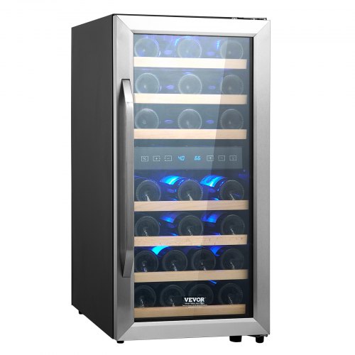 VEVOR 33-Bottle Wine Cooler, Dual Zone & Dual Temperature Wine Fridge, Freestanding Refrigerator with Circulating Air-cooling and Digital Control, Tem