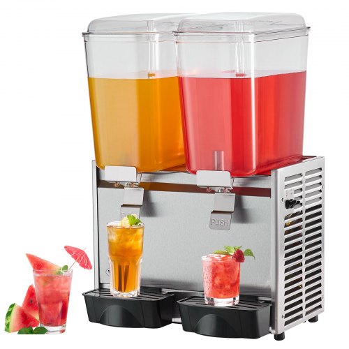 VEVOR Commercial Beverage Dispenser, 20.4 Qt 18L 2 Tanks Ice Tea Drink Machine, 590W 304 Stainless Steel Juice Dispenser with 41℉-53.6℉ Thermostat Con