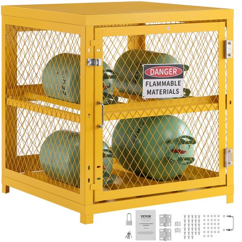 VEVOR Horizontal Cylinder Storage Cabinet, 4 x 33 lbs Cylinder Capacity, 31.02x30.04x35 inch Propane Storage Cage, Gas Cylinder Cabinet, Yellow Powder