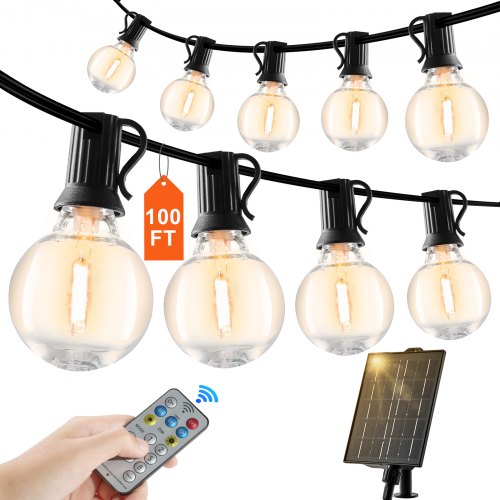 VEVOR Solar Outdoor String Lights, 100FT, 2700K Dimmable Patio Lights with Remote Control, 50 Solar Powered LED G40 Bulbs, Waterproof Hanging Lights f