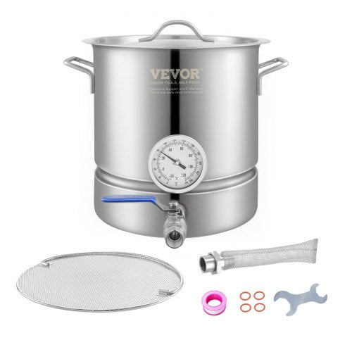 VEVOR Stainless Steel Kettle, 5 GALLON Brewing Pot, Tri Ply Bottom for Beer, Brew Kettle Pot, Home Brewing Supplies Includes Lid, Handle, Thermometer,