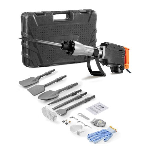 VEVOR Demolition Jack Hammer, 1350 BPM Concrete Breaker 6pcs Chisels Bit Chipping with Case, 2200W Electric Jackhammer Heavy Duty, Black