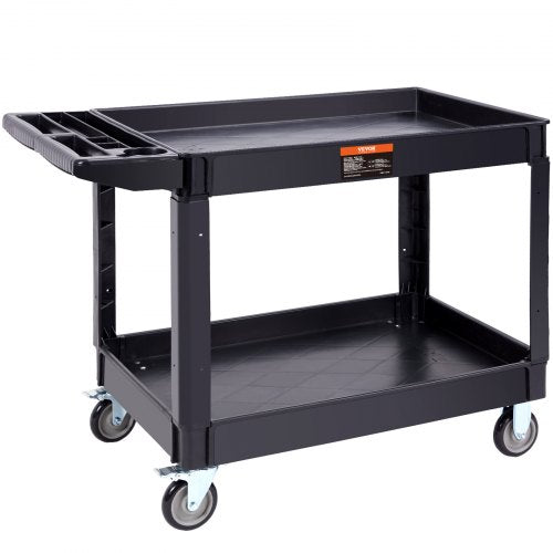 VEVOR Utility Service Cart, 2 Shelf 550LBS Heavy Duty Plastic Rolling Utility Cart with 360° Swivel Wheels (2 with Brakes), Large Lipped Shelf, Ergono