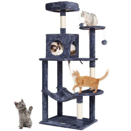 VEVOR Cat Tree for Indoor Cats, 143 cm Cat Tower with Cat Condo, Sisal Scratching Post, Hammock, Top Perch, Jumping Platforms, Large Cat House with Ha