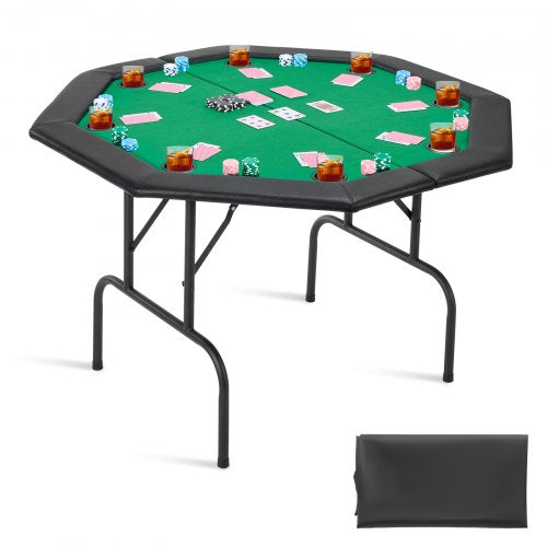 VEVOR Foldable Poker Table, 8 Player 1220 mm Folding Casino Leisure Table with Padded Rails & Cup Holders, Octagonal Portable Game Tables with Felt &