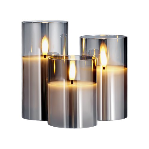 VEVOR Gray Flickering Flameless Candles, Set of 3 Battery Operated Flameless Led Candles with 10-Key Remote and Timer, Real Wax & Warm Color Flickerin
