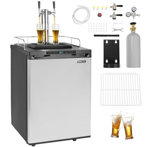 VEVOR Beer Kegerator, Dual Tap Draft Beer Dispenser, Full Size Keg Refrigerator With Shelf, CO2 Tank(No Gas), Drip Tray & Rail, 23°F- 82.4°F Temperatu