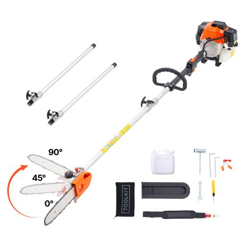 VEVOR Gas Pole Saw, 43CC 2 Stroke Gas Powered Pole Saws with 25.4 cm Cutting Bar, Cordless Tree Trimmer with Rotatable Head, 2.1 to 3.6 m Extendable,