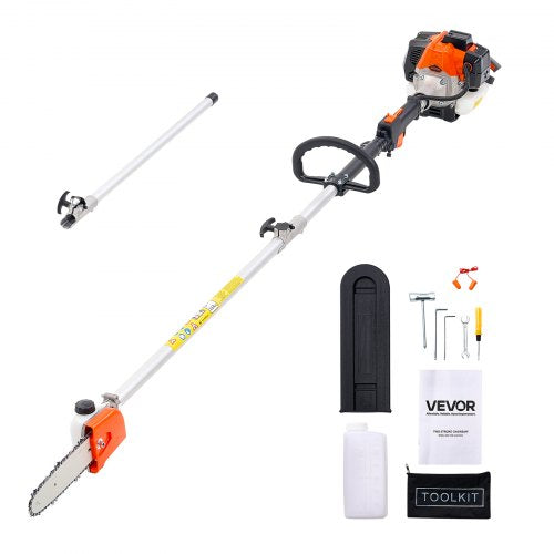 VEVOR Gas Pole Saw, 25CC 2 Stroke Gas Powered Pole Saws with 8 in Cutting Bar, Cordless Tree Trimmer with 23 fl.oz Fuel Tank, 6.5 to 9 ft Extendable,