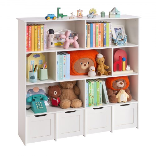 VEVOR Toy Storage Organizer, Wooden Kids Bookshelf with Storage, Toy Storage Cabinet with 4 Mobile Drawers, Kids Storage Organizer for Bedroom, Nurser