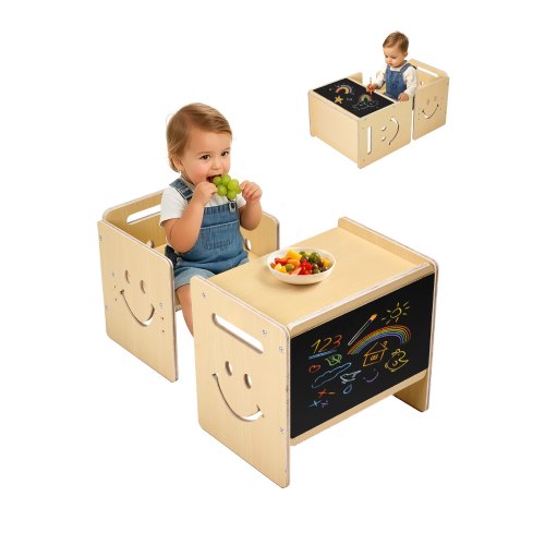 VEVOR Montessori Weaning Table and Chair Set, 3 In 1 Wooden Toddler Table and Chairs with Chalkboard, Adjustable Height Montessori Table for Ages 1-5,