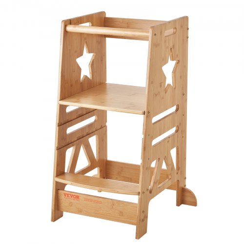 VEVOR Tower Step Stool, 3-Level Height Adjustable Toddler Step Stools for Kids, Bamboo Kids Standing Tower Learning Stool with Safety Rail for Kitchen