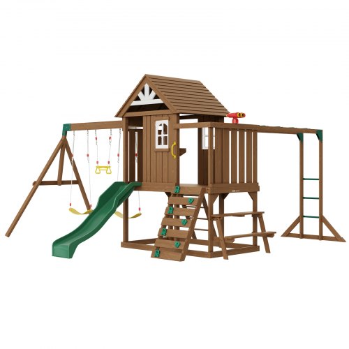 VEVOR Wooden Swing Set, 10 IN 1 Playground Sets for Backyards, 2 Swings, Trapeze Bar, 6FT Slide, Large Upper Fort with Kitchen Toys, Flat Step Ladder,
