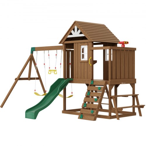 VEVOR Wooden Swing Set, 9 IN 1 Outdoor Playground Sets for Backyards, 2 Swings, Trapeze Bar, 6 FT Slide, Large Upper Fort with Kitchen Toys, Flat Step