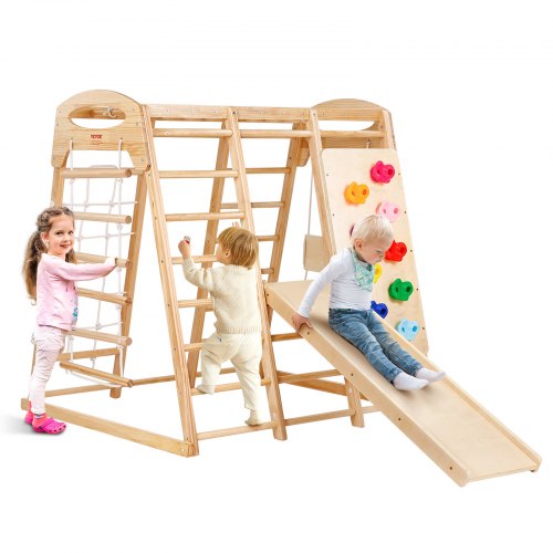 VEVOR Indoor Jungle Gym, 7-in-1 Toddler Indoor Playground, 43 x 47.2 x 47 inch, with Wood and Rope Ladder, Net Ladder, Swing, Monkey Bar, Slide, Climb