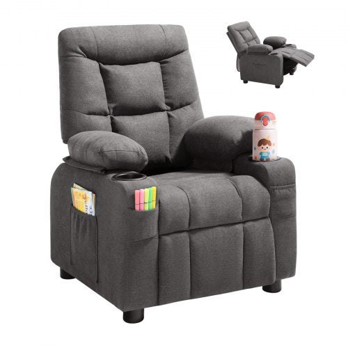 VEVOR Kids Reclining Chair, Toddler Recliner with Cup Holders and Pockets, 107° to 126° Adjustable Backrest, Breathable Polyester Fabric Recliner Couc