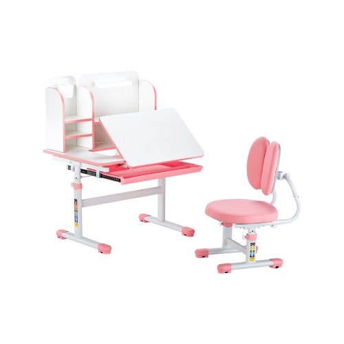 VEVOR Kids Study Chair and Desk Set, Study Desk and Chair for Kids with Bookshelf & Storage Drawer, Adjustable Height & 0-40° Tilted Desktop Desk and
