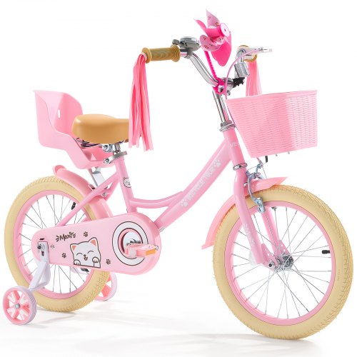 VEVOR Kids Bike, 16 Inches Princess Style Children Bicycle with Streamers & Basket, Rider Height 3.28 ft - 4.27 ft, Doll Seat & Training Wheels Includ