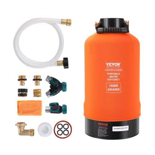VEVOR RV Water Softener, 16,000 Grain Portable Water Softener, with 3-4" Brass Fittings and 42" Hose, Soften Hard Water Filter System for RVs, Trailer