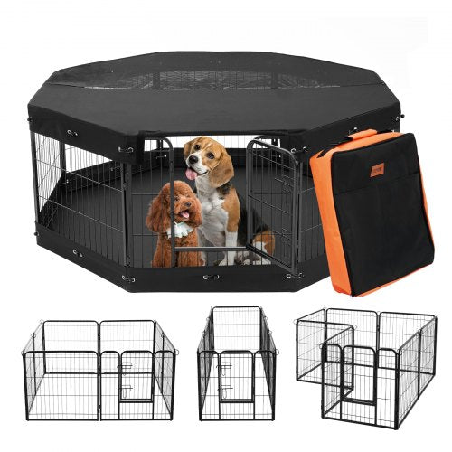 VEVOR Dog Playpen, 8 Pcs 24 x 24 in Panels Foldable Metal Pet Exercise Pen, Dog Fence Indoor and Outdoor Pen with Door, Storage Bag, Top Cover and Bot