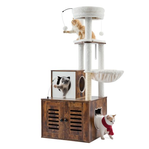 VEVOR Large Cat Tree with Litter Box Enclosure, 55.12 inches Tall, 2-in-1 Cat Tower, Multi-level Cat Condo Furniture with Perches, Sisal Scratching Po