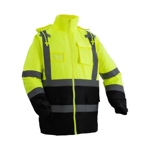 VEVOR High Visibility Reflective Safety Jacket, Waterproof Safety Hoodie, Work Construction Coat with Pockets for Men & Women, Rain Gear Meet ANSI & C
