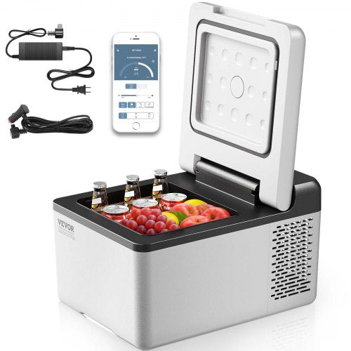 VEVOR 12 Volt Refrigerator 10 Qt, Portable Mini Freezer (-4℉~68℉) with APP Control Car Compressor Fridge Cooler 12V-24V DC and 110-220V AC For Camping