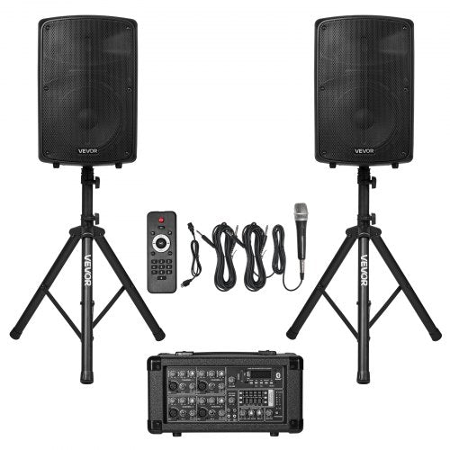 VEVOR Professional PA System, 800W Powered, Sound System Set with 6 Channel Mixer, Dual Speakers, Wireless Bluetooth, Microphone, Compact Stands, USB