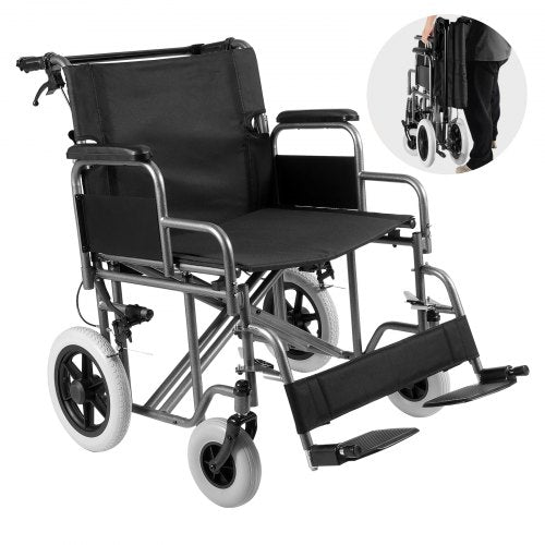 VEVOR Wheelchair, Carbon Steel Transport Chair for Adults, Foldable Wheelchair with Detachable Armrest, Self-locking Brake, 24-Inch Wide Seat, 300lbs