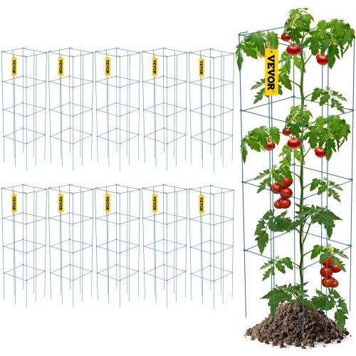 VEVOR Tomato Cages, 11.8\" x 11.8\" x 46.1\", 10 Packs Square Plant Support Cages, Green PVC-Coated Steel Tomato Towers for Climbing Vegetables, Plant