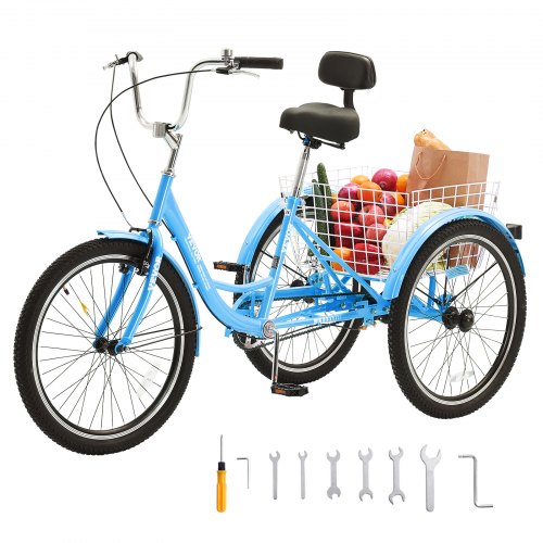 VEVOR Adult Tricycles Bike, 24 Inch Three-Wheeled Bicycles, 3 Wheel Bikes Trikes, Carbon Steel Cruiser Bike with Basket & Adjustable Seat, Picnic Shop