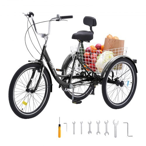 VEVOR Adult Tricycles Bike, 7 Speed Adult Trikes, 24 Inch Three-Wheeled Bicycles, Carbon Steel Cruiser Bike with Basket and Adjustable Seat, Picnic Sh