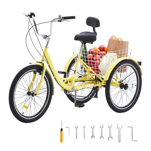 VEVOR Adult Tricycles Bike, 7 Speed Adult Trikes, 26 Inch Three-Wheeled Bicycles, Carbon Steel Cruiser Bike with Basket and Adjustable Seat, Picnic Sh