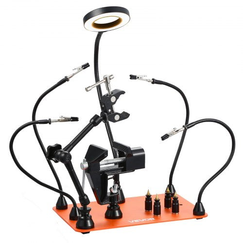 VEVOR Magnetic Helping Hands Soldering Station, 4 Arms Third Hand Tool, with Vise, 3X LED Magnifying Lamp, 4 PCB Holder & 360 Hot Air Gun Holder, Sold