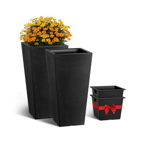 VEVOR Set of 2 Tall Outdoor Planters 22inch, Large Planters For Outdoor Indoor Plants, Black Tapered Square Front Porch Planters Flower Tree Plant Pot
