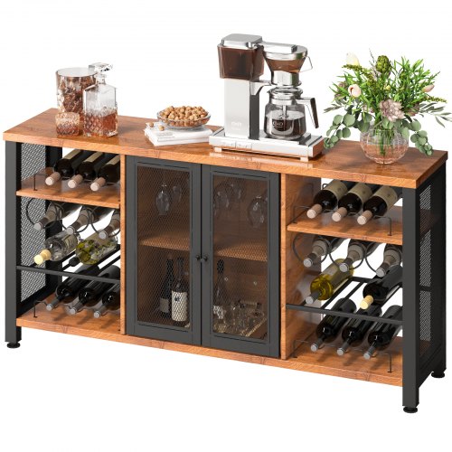 VEVOR Industrial Bar Cabinet, 55 Inch Rustic Oak, 330 LBS Wine Table for Liquor with Wine Racks (24 Bottles), Glass Holders and Metal Sideboard, Farmh