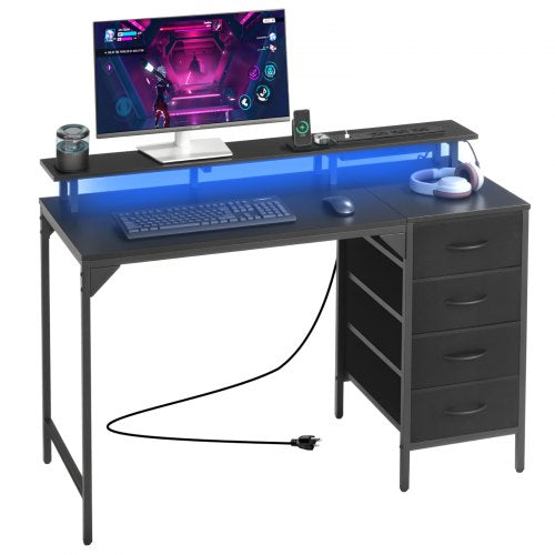 VEVOR 47" Computer Desk with LED Lights & Power Outlets, Gaming Table with 4 Large Drawers, Office Desk with Monitor Stand, Study Work Home Office, Sm