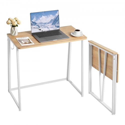 VEVOR Folding Desk, 31.5" Foldable Table for Small Spaces with Storage Hooks, Space Saving Computer Table, Writing Workstation for Home Office, Easy A
