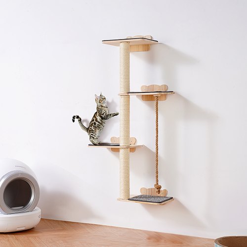 VEVOR 4 Tiers Tall Cat Tree, Cat Wall Furniture Set with 4 Jumping Boards, Wall-Mounted Cat Floating Shelf up to 40 lbs, 12 mm Pine Wood Cat Perch for