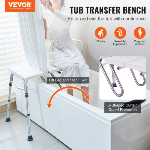 VEVOR Tub Transfer Bench, Adjustable Bathtub Transfer Bench with U-Shaped Curtain Guard Protection & Reversible Backrest, Non-Slip Shower Seat Bath Be