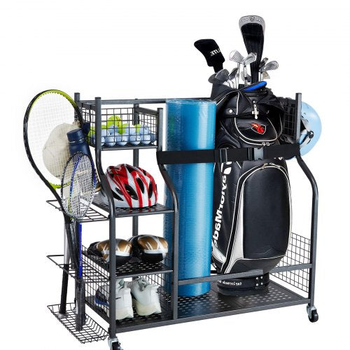 VEVOR Golf Storage Garage Organizer, 2 Golf Bag Stand Holder and Other Sports Equipment Storage Rack, Rolling Ball Cart on Wheels, Outdoor Sport Gear