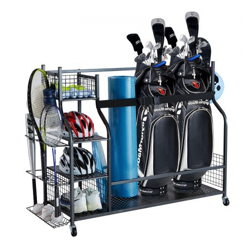 VEVOR Golf Storage Garage Organizer, 3 Golf Bag Stand Holder and Other Sports Equipment Storage Rack, Rolling Ball Cart on Wheels, Outdoor Sport Gear