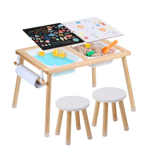 VEVOR Sensory Table and Chairs Set, Toddlers Activity Table with 2 Stools, 2 Storage Bins & Paper Roll Holder, Indoor-Outdoor Play Sand and Water Tabl