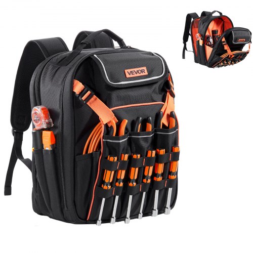 VEVOR Tool Backpack, 45 Pockets, Heavy-duty Tools Storage Organizer Work Bags with Laptop Compartment & Reinforced Fabric Basee, Electrician Jobsite B