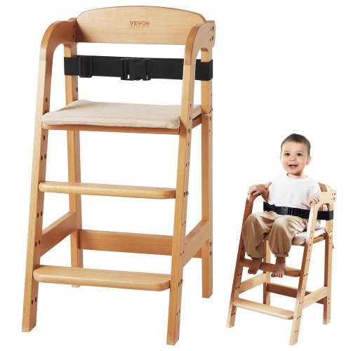 VEVOR Wooden High Chair for Babies & Toddlers, Convertible Adjustable Feeding Chair, Eat & Grow High Chair with Seat Cushion, Portable Baby Dining Boo