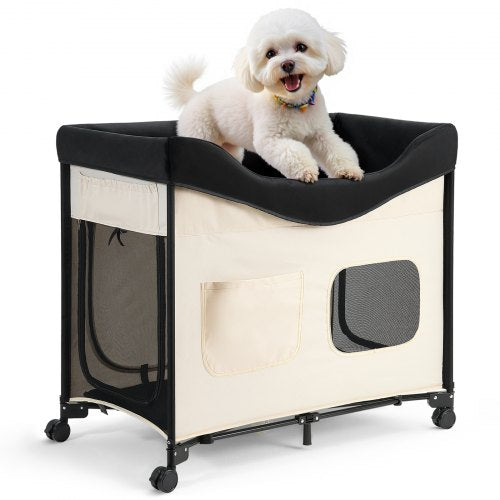 VEVOR Elevated Lounge Pet Bed, Foldable Bunk Dog Bed with 600D Oxford Cloth and Dutch Velvet, Portable Raised Cot with Wheels, Side Storage Bags, and