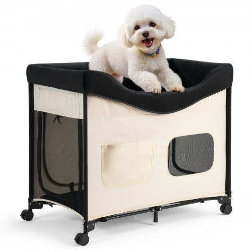 VEVOR Elevated Lounge Pet Bed, Foldable Bunk Dog Bed with 600D Oxford Cloth and Dutch Velvet, Portable Raised Cot with Wheels, Side Storage Bags, and