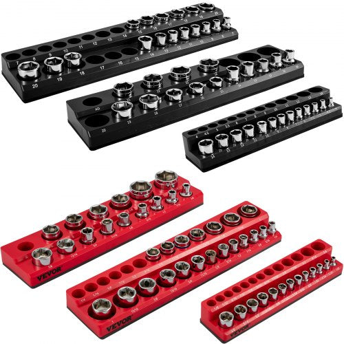 VEVOR 6-Pack Metric and SAE Magnetic Socket Organizers, 1-2-inch, 3-8-inch, 1-4-inch Drive Socket Holders Hold 143 Sockets, Red and Black Tool Box Org