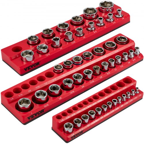 VEVOR 3-Pack SAE Magnetic Socket Organizers, 1-2-inch, 3-8-inch, 1-4-inch Drive Socket Holders Hold 68 Sockets, Red Tool Box Organizer for Sockets Sto