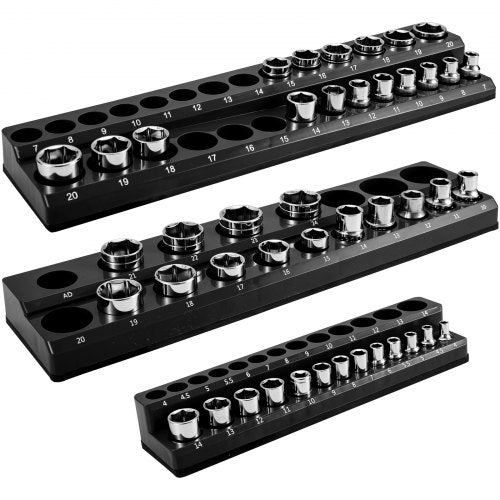 VEVOR 3-Pack Metric Magnetic Socket Organizers, 1-2-inch, 3-8-inch, 1-4-inch Drive Socket Holders Hold 75 Sockets, Black Tool Box Organizer for Socket